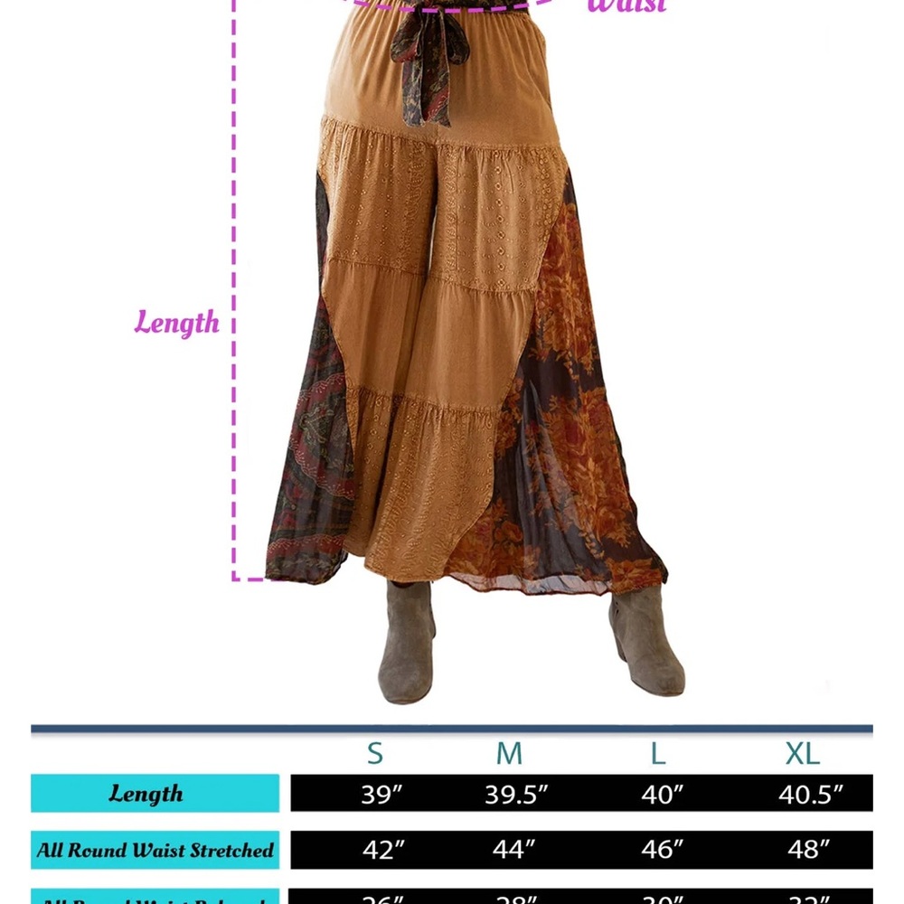 Young Threads Rustic Bohemian Side Paneled Patchwork Wide Leg Pants In Camel L - Picture 5 of 9